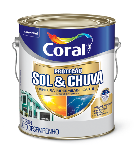 AKZONOBEL/CORAL - a Proteção Sol & Chuva Pintura Impermeabilizante está disponível em mais de mil cores do leque da Coral. Ela produz uma película emborrachada e flexível que acompanha movimentos de contração e dilatação das superfícies, o que previne fissuras e infiltrações.