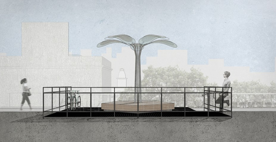 Parklet - Sinnema Arquitetura (Haiko Sinnema e Daniel Sinnema). Neste ponto de encontro, o banco em madeira reserva entradas USB para carregar aparelhos eletrônicos. No piso, a malha estrutural de vigas em aço metalon foi revestida por gradeado em aço - um recurso que se repete no guarda corpo. O resultado é uma estrutura leve, que agiliza o transporte e é replicável.