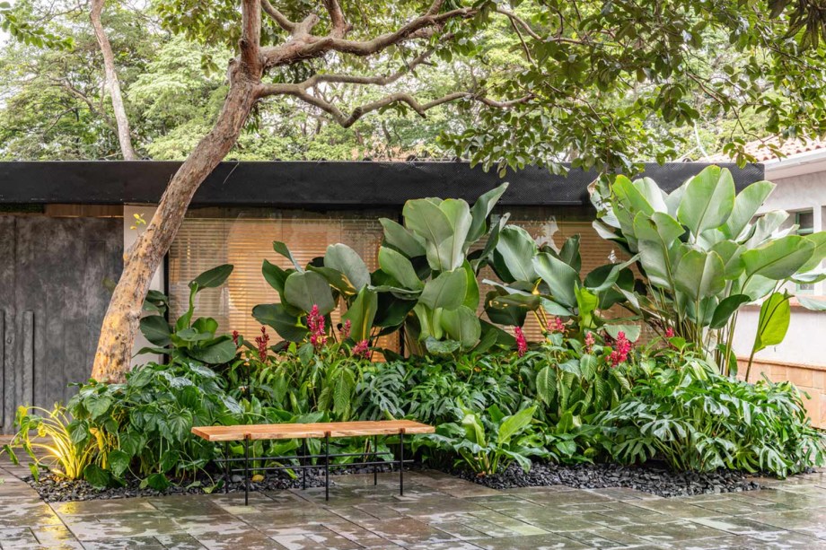 CASACOR São Paulo 2019. Jardim Bauhaus - Clariça Lima. Inspirada pelo centenário da Bauhaus, a paisagista Clariça Lima preparou um jardim singular, que traz a pureza das formas geométricas. Embora um espaço de contemplação, o projeto antecipa uma área de apoio para um dos restaurantes da mostra, o Limone. No lugar dos tradicionais decks de madeira, a profissional escolheu um revestimento metálico para o acabamento, dando um toque de modernidade. Um mix de vegetações tropicais, espécies pouco usuais, com texturas e volumes diversos e tocheiros de design autoral complementam o visual.