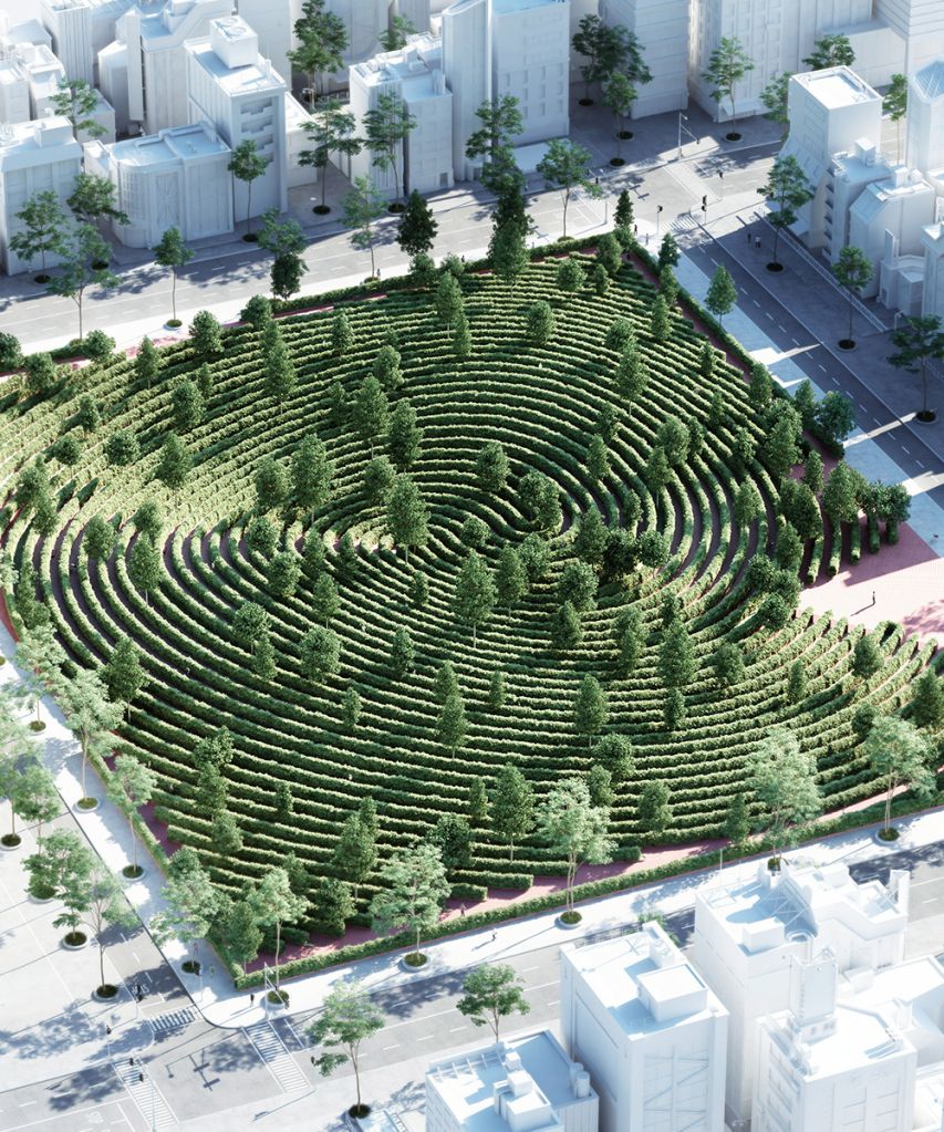 Imagem renderizada aérea do parque se destacando do entorno urbano
