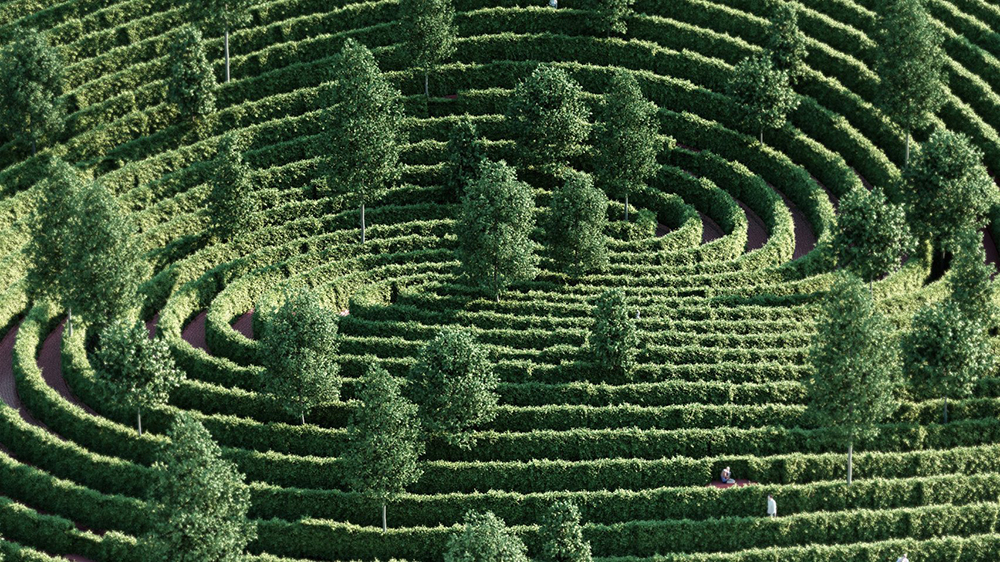 Imagem renderizada do labirinto em espiral de arbustos, sebes e algumas árvores