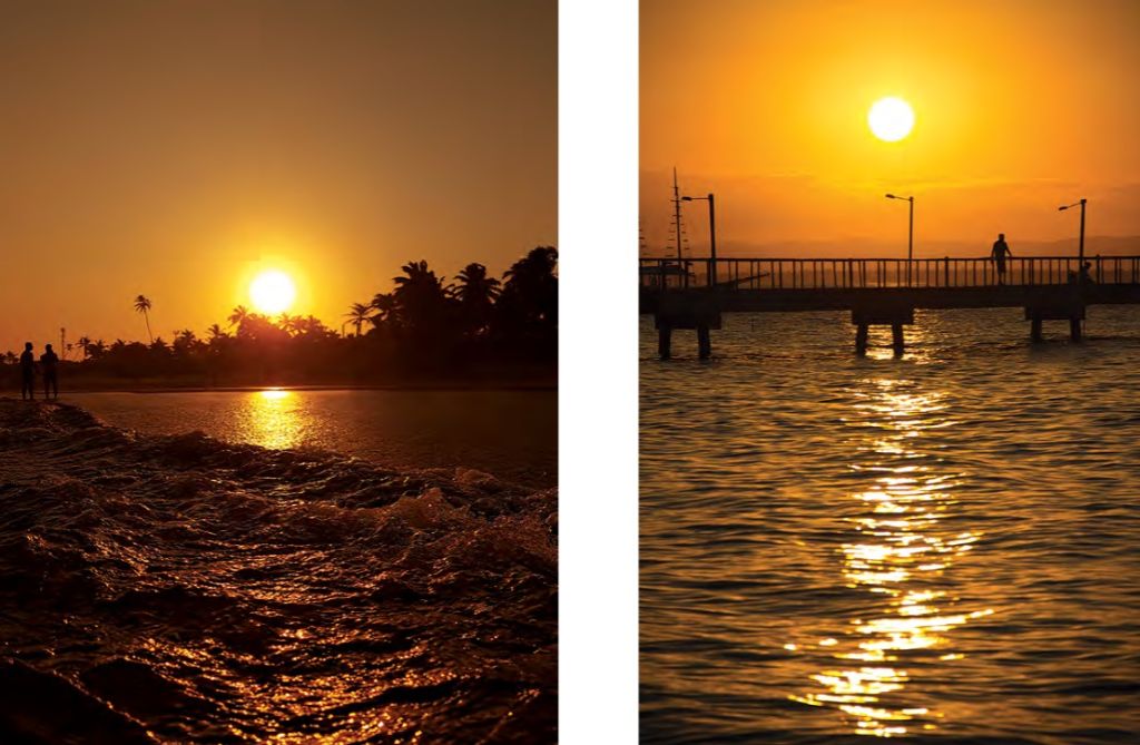 Duas imagens do pôr do Sol sobre o mar