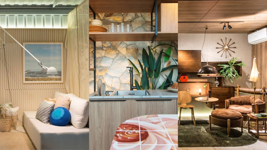Imagem com três ambientes do Janelas CASACOR Ceará: sofá cama da Cabana ao Vento, detalhe da ilha da cozinha Sabores da vida e poltrona da Sala do Empreendedor