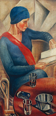 obra retrato de vera azevedo por Antonio Gomide. Na imagem, uma pintura de uma mulher vestida com blusa azul lendo um livro.