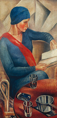 antonio-gomide-retrato-de-vera-azevedo-foto-Rubens-Chiri-itau-cultural obra retrato de vera azevedo por Antonio Gomide. Na imagem, uma pintura de uma mulher vestida com blusa azul lendo um livro.