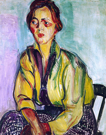 Obra A Estudante de Anita Malfatti. No quadro uma jovem sentada em uma cadeira e o ambiente com cores de verde, roxo e azul
