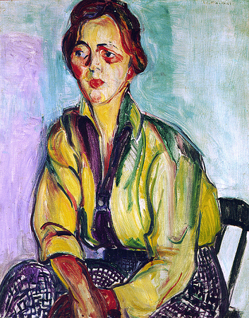 obra-a-estudante-anita-malfati-foto-romulo-fialdini Obra A Estudante de Anita Malfatti. No quadro uma jovem sentada em uma cadeira e o ambiente com cores de verde, roxo e azul