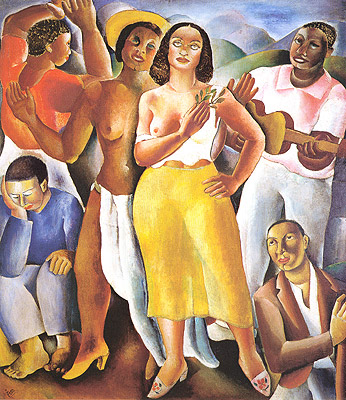 Obra Samba de Di Cavalcanti apresenta pessoas reunidas com roupas coloridas.