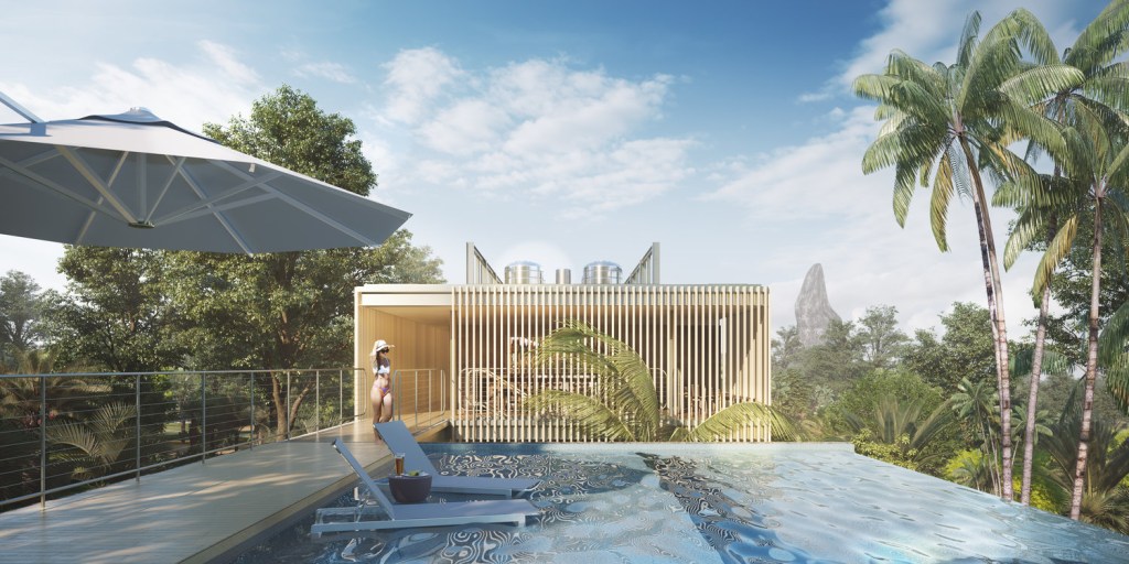 piscina-natureza-pousada piscina de borda infinita com vista para natureza e espreguiçadeiras azuis da cor da água da piscina