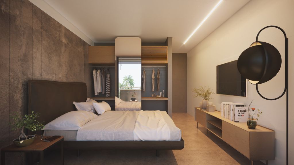 quarto com estilo industrial contendo rack em madeira clara, televisão, e um armário com espelho embutido