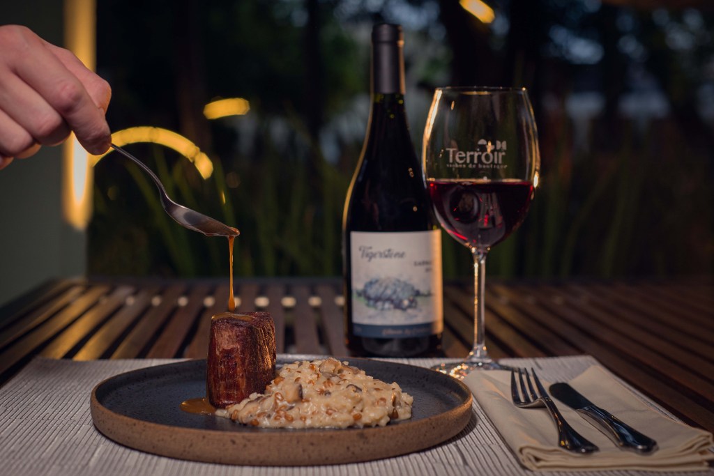 filé ao molho roti com risoto de cogumelos e cereais – Tigerstone – Estância Los Cardones Garnacha (Argentina)_ CASACOR Rio Grande do Sul RS 2021 gastronomia