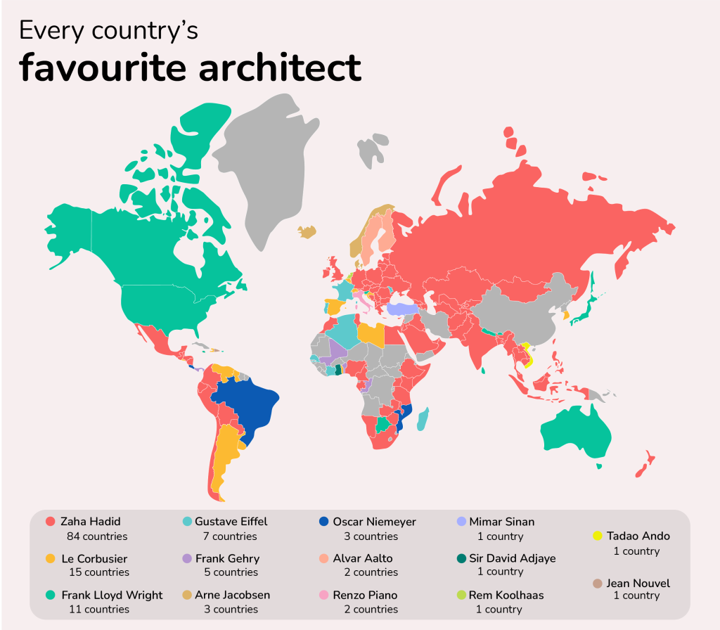Mapa de Arquitetos mais buscados do mundo