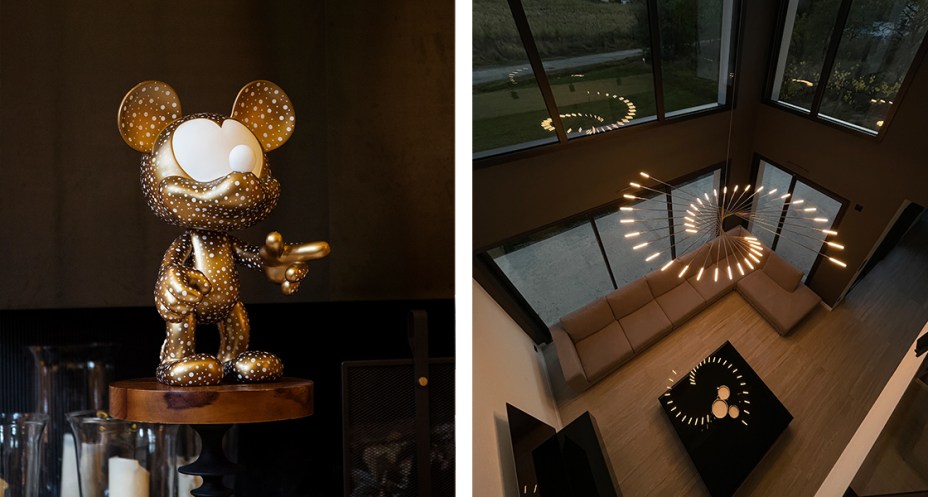 Criação original da Leblon Delienne, a escultura Sparkling Mickey ganha uma nova versão pelas mãos do designer francês Thomas Dariel, agora em uma versão pop que presta homenagem ao movimento do pontilhismo. À direita, o pendente M101, última criação de Henri Bursztyn, é uma galáxia espiral com raios delicados que nos transporta para a constelação Ursa Maior.