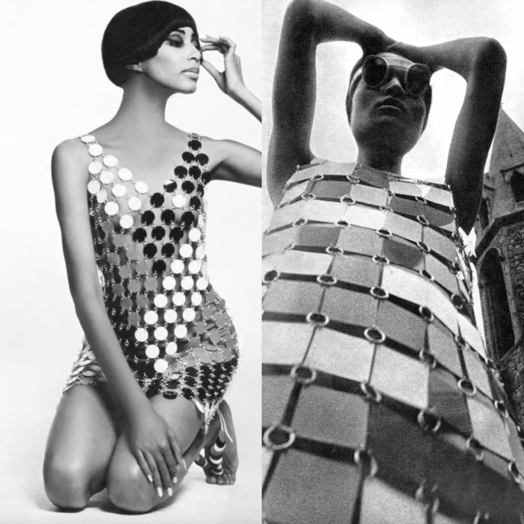 paco-rabanne-1 As placas rígidas costuradas com argolas de metal se tornaram símbolo da marca Paco Rabanne.