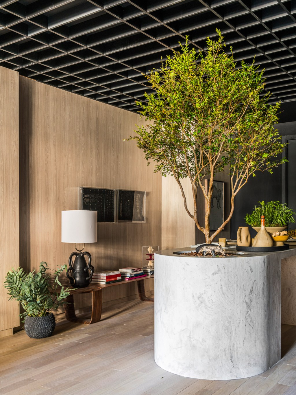 erica-salguero-espaco-solitude-casacor-sao-paulo-2023-credito-renato-navarro (9) Érica Salguero Arquitetura - Espaço Solitude. Projeto da CASACOR São Paulo 2023. Na foto, sala com parede de madeira e quadros. Bancada com árvore.