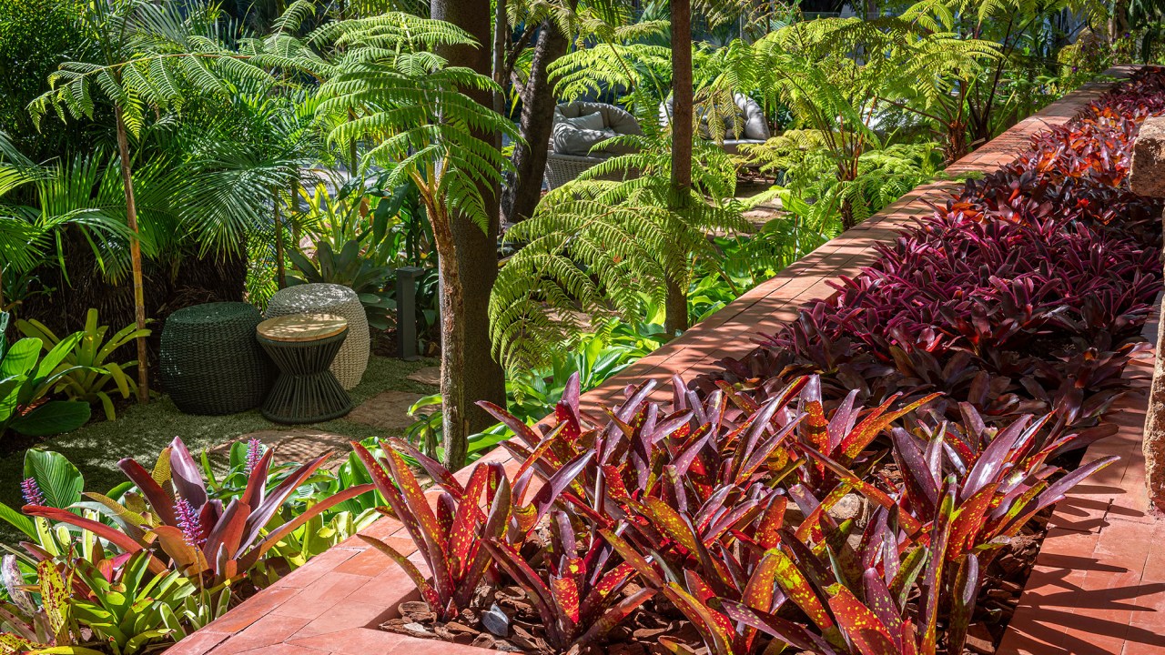 Nãna Guimarães e Pedro Moreno - Jardim Dulce Ferolla. Projeto da CASACOR Minas Gerais 2023. Na foto, jardim com canteiros de plantas e bancos.