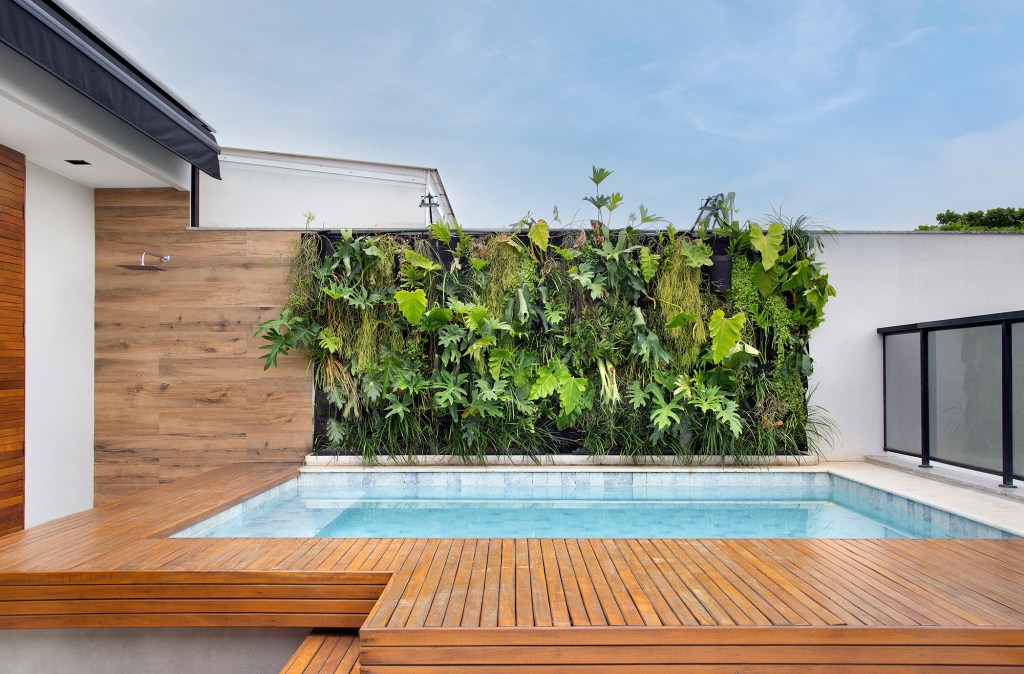 Cobertura de 400 m² feita para gêmeos é repleta de design e tecnologia. Projeto de Tom Castro. Na foto, deque com piscina e parede verde.